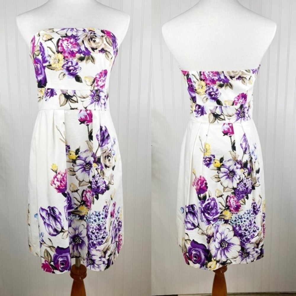 WHBM White Purple Floral Strapless Pockets Dress 6